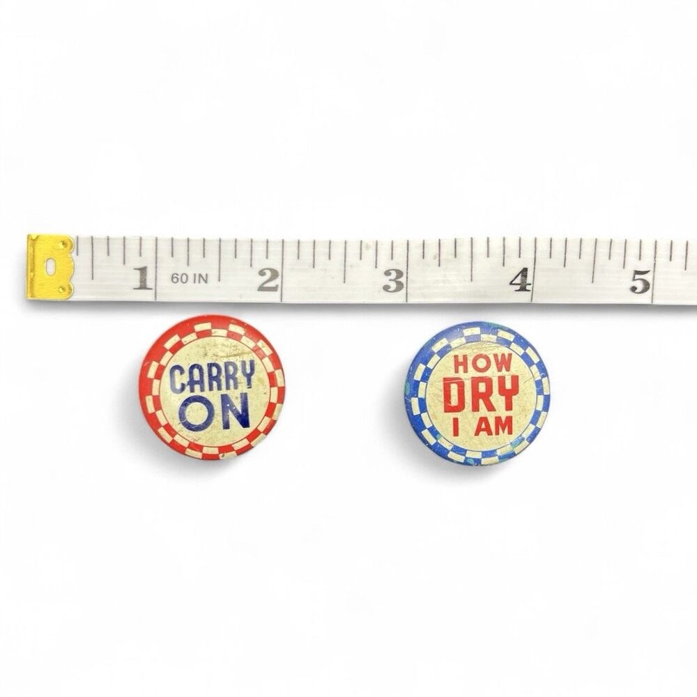 Vintage 1940s How Dry I Am Red & Carry On Checkered Carnival Pinback Button